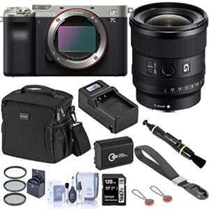 sony sony alpha 7c mirrorless digital camera, silver with fe 20mm f/1.8 g lens bundle with bag, 128gb sd card, wrist strap, extra battery, charger, filter kit and accessories