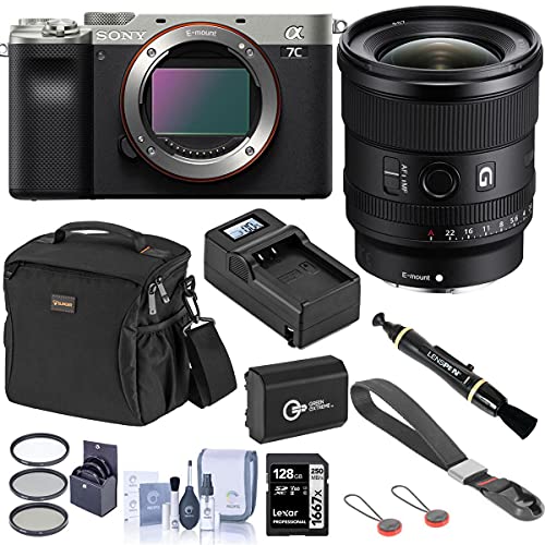 Sony Sony Alpha 7C Mirrorless Digital Camera, Silver with FE 20mm f/1.8 G Lens Bundle with Bag, 128GB SD Card, Wrist Strap, Extra Battery, Charger, Filter Kit and Accessories