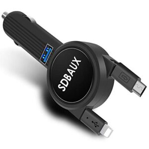 sdbaux car charger, with 2.3 ft dual retractable charging cable compatible for samsung galaxy s6 s5 tab 4 google nexus10 lg phone 11 xs max xr x 8 7 6 5 plus 5s and 1 usb port