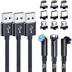 magnetic charging cable [3-pack,10ft/10ft/10ft] 540° rotating magnetic phone charger 3-in-1 magnetic usb cable with led light nylon braided magnetic charger for iphone/micro usb/type c device-black