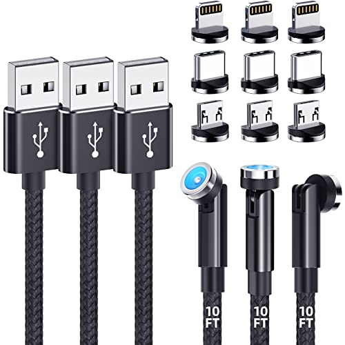 Magnetic Charging Cable [3-Pack,10FT/10FT/10FT] 540° Rotating Magnetic Phone Charger 3-in-1 Magnetic USB Cable with LED Light Nylon Braided Magnetic Charger for iPhone/Micro USB/Type C Device-Black