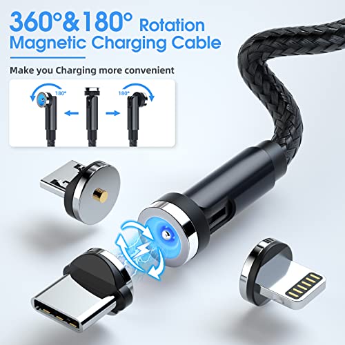 Magnetic Charging Cable [3-Pack,10FT/10FT/10FT] 540° Rotating Magnetic Phone Charger 3-in-1 Magnetic USB Cable with LED Light Nylon Braided Magnetic Charger for iPhone/Micro USB/Type C Device-Black