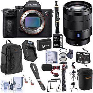 sony alpha a7r iii mirrorless digital camera (v2) with fe 24-70mm f/4 za oss lens bundle with 128gb sd card, backpack, extra battery, charger, wrist strap, mic, filter kit and accessories