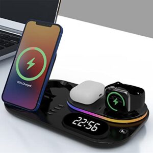 4 in 1 wireless charging station with digital clock and night light, wireless charger stand compatible with iphone 13/12, airpods 3/2/pro, iwatch series 7/6/5/se/4/3/2/1, samsung galaxy etc(black)