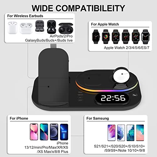 4 in 1 Wireless Charging Station with Digital Clock and Night Light, Wireless Charger Stand Compatible with iPhone 13/12, AirPods 3/2/pro, iWatch Series 7/6/5/SE/4/3/2/1, Samsung Galaxy etc(Black)