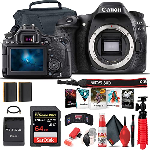 Canon EOS 80D DSLR Camera (Body Only) (1263C004) + 64GB Card + Case + Corel Photo Software + LPE6 Battery + Card Reader + Flex Tripod + HDMI Cable + Hand Strap + More (Renewed)