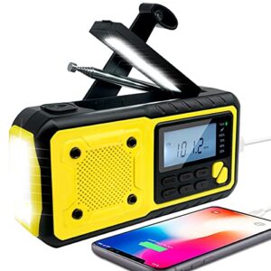 emergency hand crank weather solar radio, radios portable power bank 4000mah hand crank am fm/noaa radio with led flashlights reading lamp cellphone charger sos alarm for camping home outdoor