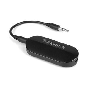 aluratek bluetooth audio transmitter with detached cable, dual streaming support, up to 50 foot range for up to 10 hours streaming on a full charge