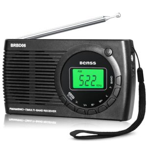 benss small radio battery operated fm/am/sw, portable radios with screen display/headphone jack/alarm clock, mini transistor radio with aa battery operated for hiking and camping