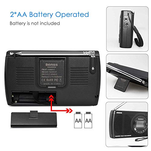 Benss Small Radio Battery Operated FM/AM/SW, Portable Radios with Screen Display/Headphone Jack/Alarm Clock, Mini Transistor Radio with AA Battery Operated for Hiking and Camping