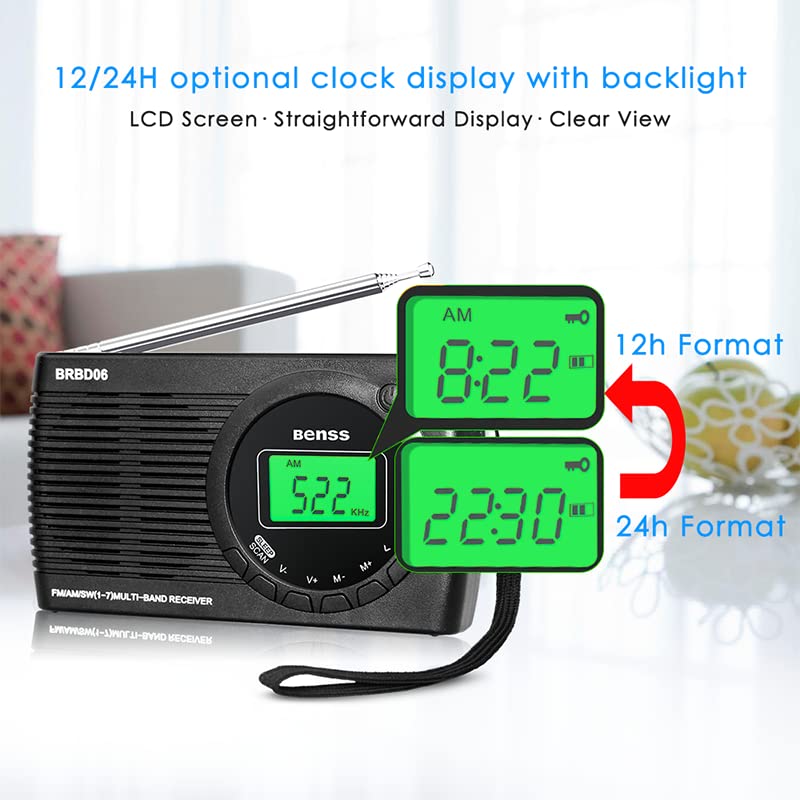 Benss Small Radio Battery Operated FM/AM/SW, Portable Radios with Screen Display/Headphone Jack/Alarm Clock, Mini Transistor Radio with AA Battery Operated for Hiking and Camping