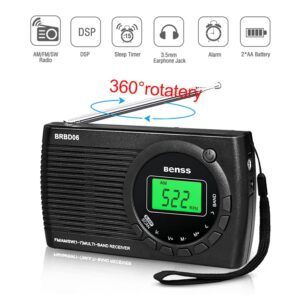 Benss Small Radio Battery Operated FM/AM/SW, Portable Radios with Screen Display/Headphone Jack/Alarm Clock, Mini Transistor Radio with AA Battery Operated for Hiking and Camping