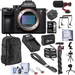 sony alpha a7r iii mirrorless digital camera body (v2) bundle with 128gb sd card, backpack, extra battery, charger, wrist strap, mic and accessories