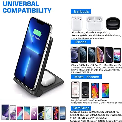 25W Wireless Charger,Foldable 2 in 1 Wireless Charging Station for Apple iPhone 14/13/12/11/Plus/Pro/SE/X/8/Airpods,PDKUAI 15W Fast Dual Wireless Induction Charge Stand for Samsung Phone/Galaxy Buds