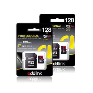 addlink microsdxc 128gb 2-pack + adapter uhs-1 u4 v30, compatible for android smartphones, camera, dash cam tablets, go pro, dji drone & fire tablet (ad128gbmsxu3ax2)