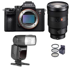 sony alpha a7r iii mirrorless digital camera (v2) with fe 24-70mm f/2.8 gm lens bundle with flashpoint zoom li-ion r2 ttl on-camera flash speedlight, filter kit