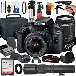 canon eos 4000d / rebel t100 dslr camera with ef-s 18-55mm + 500mm preset manual focus lens + sandisk 32gb card + tripod + case + megaaccessory bundle (23pc bundles) (renewed)