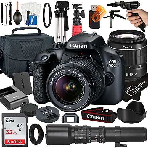 Canon EOS 4000D / Rebel T100 DSLR Camera with EF-S 18-55mm + 500mm Preset Manual Focus Lens + SanDisk 32GB Card + Tripod + Case + MegaAccessory Bundle (23pc Bundles) (Renewed)