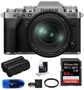 fujifilm x-t4 mirrorless digital camera with xf 16-80mm f/4 r ois wr lens (silver) bundle, includes: sandisk 64gb extreme pro sdxc memory card, spare fujifilm np-w235 battery + more (7 items)