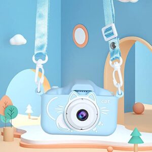 New Cat Cartoon Children's Camera, Front and Rear Double Lens 20 Million Selfie Camera with 32GB SD Card, HD Selfie Camera for Kids, Parent-Child Gift Camera (Blue)