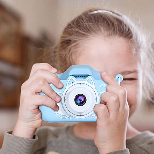 New Cat Cartoon Children's Camera, Front and Rear Double Lens 20 Million Selfie Camera with 32GB SD Card, HD Selfie Camera for Kids, Parent-Child Gift Camera (Blue)