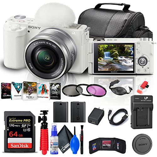 Sony ZV-E10 Mirrorless Camera with 16-50mm Lens (White) (ILCZV-E10L/W) + 64GB Memory Card + Filter Kit + Corel Photo Software + Bag + NPF-W50 Battery + External Charger + Card Reader + More (Renewed)