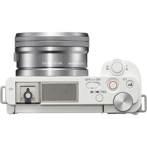 Sony ZV-E10 Mirrorless Camera with 16-50mm Lens (White) (ILCZV-E10L/W) + 64GB Memory Card + Filter Kit + Corel Photo Software + Bag + NPF-W50 Battery + External Charger + Card Reader + More (Renewed)