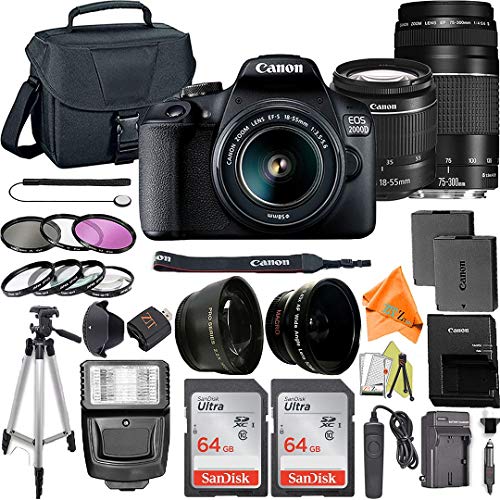 Canon EOS 2000D / Rebel T7 Digital SLR Camera 24.1MP with 18-55mm + 75-300mm Lens, ZeeTech Accessory Bundle, 2 Pack SanDisk 64GB Memory Card, Telephoto + Wideangle Lenses, Flash, Case (Renewed)