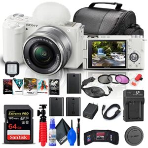 sony zv-e10 mirrorless camera with 16-50mm lens (white) (ilczv-e10l/w) + 64gb card + filter kit + corel photo software + bag + 2 x npf-w50 battery + external charger + card reader + more (renewed)