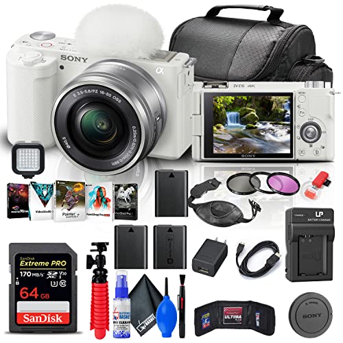 Sony ZV-E10 Mirrorless Camera with 16-50mm Lens (White) (ILCZV-E10L/W) + 64GB Card + Filter Kit + Corel Photo Software + Bag + 2 x NPF-W50 Battery + External Charger + Card Reader + More (Renewed)