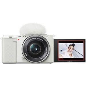 Sony ZV-E10 Mirrorless Camera with 16-50mm Lens (White) (ILCZV-E10L/W) + 64GB Card + Filter Kit + Corel Photo Software + Bag + 2 x NPF-W50 Battery + External Charger + Card Reader + More (Renewed)