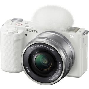 Sony ZV-E10 Mirrorless Camera with 16-50mm Lens (White) (ILCZV-E10L/W) + 64GB Card + Filter Kit + Corel Photo Software + Bag + 2 x NPF-W50 Battery + External Charger + Card Reader + More (Renewed)