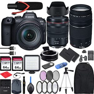 canon eos r6 with rf 24-105mm f4 is usm lens mirrorless camera bundle + ef 75-300 is iii, ef-eos r6 mount adapter, v30 microphone, led light, extra battery and accessories(backpack and more), black