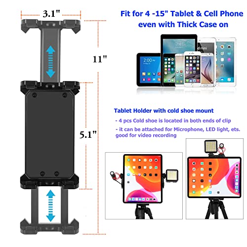 67 inTablet Ipad Tripod Stand Holder with Shutter and Cold Shoe Mount for iPad Pro 12.9/11 Air Mini, iPhone Galaxy, Applied Video Recording, Live Stream, Watching, 4~15 inch Devices