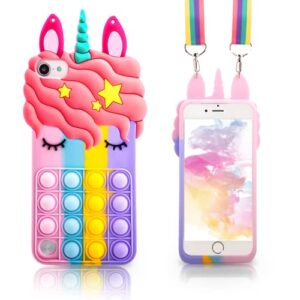 ipod touch 7 case, kakotomy kawaii stress relief fidget toy 3d phone cases with strap for girls kids teen, cute unicorn pop it bubble silicone case protective for apple ipod touch 5/6/7th generation