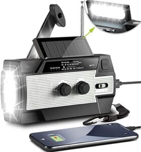 tiamat+ radio, solar hand crank radio with 4000mah-power bank usb charger, portable am/fm/noaa tiamat+ radio, reading lamp, led flashlight, sos alarm for emergency black-white