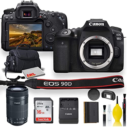 Canon EOS 90D DSLR Camera with Canon EF-S 55-250mm f/4-5.6 is STM Lens, Soft Padded Case, Memory Card, and More (Renewed)