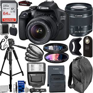 canon eos 2000d/rebel t7 dslr accessory bundle complete with canon eos 2000d camera & ef-s 18-55mm f/3.5-5.6 lens. includes: 64gb memory card + slave flash + much more – international model (renewed)