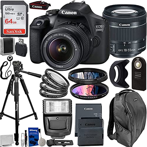 Canon EOS 2000D/Rebel T7 DSLR Accessory Bundle Complete with Canon EOS 2000D Camera & EF-S 18-55mm f/3.5-5.6 Lens. Includes: 64GB Memory Card + Slave Flash + Much More - International Model (Renewed)