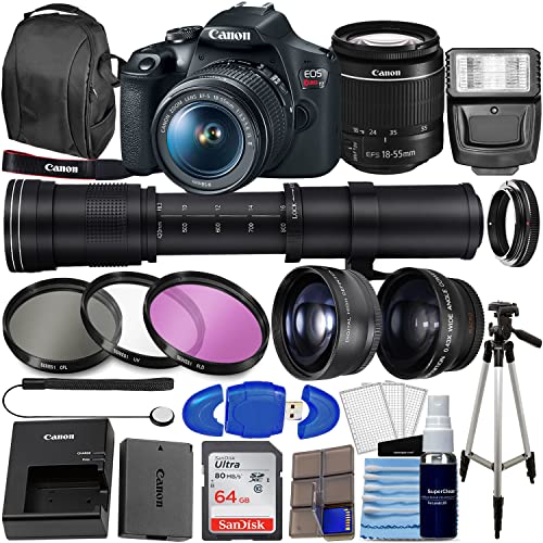 Camera EOS Rebel T7 w/ 18-55mm Zoom Lens Kit + 64GB Memory, 420-800mm Super Zoom Lens, Wide Angle Lens, Telephoto Lens, 3PC Filter Kit, Photo Backpack, Tripod + More (34PC Bundle)