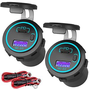 2 pack usb c car charger socket 12v usb outlet, qidoe 38w pd & qc3.0 dual usb port with power switch and 59” wire waterproof rv usb socket 12v power outlet for car boat marine golf cart rv motorcycle