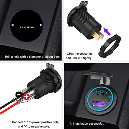 2 Pack USB C Car Charger Socket 12V USB Outlet, Qidoe 38W PD & QC3.0 Dual USB Port with Power Switch and 59'' Wire Waterproof RV USB Socket 12V Power Outlet for Car Boat Marine Golf Cart RV Motorcycle