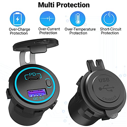 2 Pack USB C Car Charger Socket 12V USB Outlet, Qidoe 38W PD & QC3.0 Dual USB Port with Power Switch and 59'' Wire Waterproof RV USB Socket 12V Power Outlet for Car Boat Marine Golf Cart RV Motorcycle