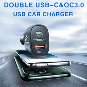 USB C Car Charger, 60W 3 Port Fast iPhone Car Charger, Dual PD 30W & QC 30W & PPS 33W, Type C Super Fast Car Adapter, Quick Charge 3.0 Cigarette Lighter USB Charger for Samsung S22/S21, iPhone 14/13