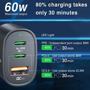 USB C Car Charger, 60W 3 Port Fast iPhone Car Charger, Dual PD 30W & QC 30W & PPS 33W, Type C Super Fast Car Adapter, Quick Charge 3.0 Cigarette Lighter USB Charger for Samsung S22/S21, iPhone 14/13