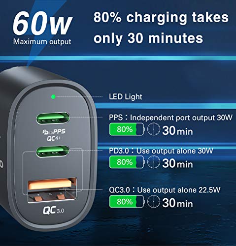 USB C Car Charger, 60W 3 Port Fast iPhone Car Charger, Dual PD 30W & QC 30W & PPS 33W, Type C Super Fast Car Adapter, Quick Charge 3.0 Cigarette Lighter USB Charger for Samsung S22/S21, iPhone 14/13