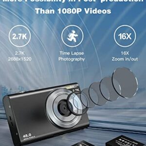 Digital Cameras for Photography Digital Camera Autofocus, 2.7K 48MP Teenager Camera with 2.8" Large Screen, 16X Zoom and 32GB Card, Compact Camera Take Macro Photos, Stylish Portable Camera for Teens