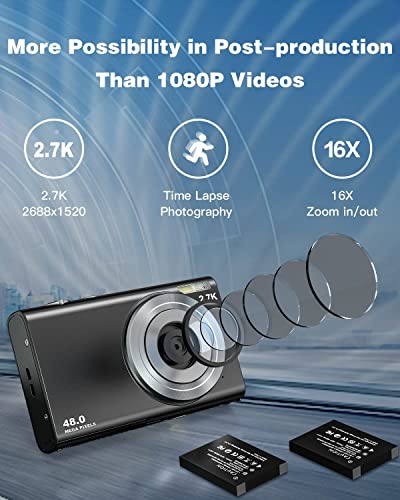 Digital Cameras for Photography Digital Camera Autofocus, 2.7K 48MP Teenager Camera with 2.8" Large Screen, 16X Zoom and 32GB Card, Compact Camera Take Macro Photos, Stylish Portable Camera for Teens