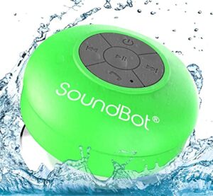 soundbot sb510 bluetooth shower speaker hd water resistant bathroom speakers, handsfree portable speakerphone with built-in mic, 6hrs of playtime, control buttons and dedicated suction cup (green)