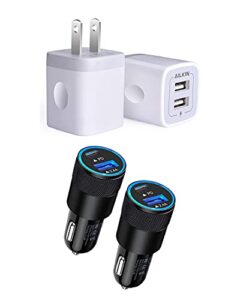 usb wall charger, ailkin 2-pack 2.1amp dual port quick charger plug cube&2-pack 3.4a dual port usb fast car charger
